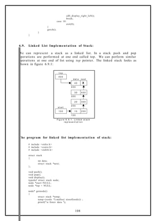cdll_display_right_left();
break;
case 10:
exit(0);
}
getch();
}
}
6.9. Linked List Implem e ntation of Stack:
We can represent a stack as a linked list. In a stack push and pop
operations are performed at one end called top. We can perform similar
operations at one end of list using top pointer. The linked stack looks as
shown in figure 6.9.1:
t o p
d at a n e xt
4 0
3 0
2 0
1 0
st art
1 0 0
2 0 0
3 0 0
4 0 0
1 0 0
3 0 0
2 0 0
4 0 0
X
4 0 0
Fi g ur e 6. 9. 1. Li n k e d st ac k
re pr e s e nt at i o n
The program for linked list implem e n tation of stack:
# include <stdio.h>
# include <conio.h>
# include <stdlib.h>
struct stack
{
int data;
struct stack *next;
};
void push();
void pop();
void display();
typedef struct stack node;
node *start=NULL;
node *top = NULL;
node* getnode()
{
struct stack *temp;
temp=(node *) malloc( sizeof(node)) ;
printf("n Enter data ");
108
 