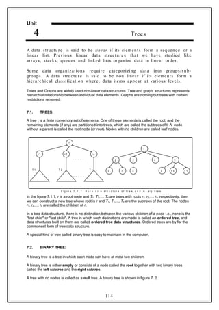 Unit
4 Trees
A data structure is said to be linear if its elements form a sequence or a
linear list. Previous linear data structures that we have studied like
arrays, stacks, queues and linked lists organize data in linear order.
Some data organizations require categorizing data into groups/sub-
groups. A data structure is said to be non linear if its elements form a
hierarchical classification where, d ata items appear at various levels.
Trees and Graphs are widely used non-linear data structures. Tree and graph structures represents
hierarchial relationship between individual data elements. Graphs are nothing but trees with certain
restrictions removed.
7.1. TREES:
A tree t is a finite non-empty set of elements. One of these elements is called the root, and the
remaining elements (if any) are partitioned into trees, which are called the subtrees of t. A node
without a parent is called the root node (or root). Nodes with no children are called leaf nodes.
r 2
r 1
r
r n
T 1
. . . . .
. . . . .
T n
T 2
F i g u r e 7 . 1 . 1 . R e c u r s iv e s t r u c t u r e o f t r e e a n d m - a r y t r e e
6 7 8 9 1 0 1 1
2 3 4 5
1
In the figure 7.1.1, r is a root node and T1, T2,..., Tn are trees with roots r1, r2,..., rn, respectively, then
we can construct a new tree whose root is r and T1, T2,..., Tn are the subtrees of the root. The nodes
r1, r2,..., rn are called the children of r.
In a tree data structure, there is no distinction between the various children of a node i.e., none is the
"first child" or "last child". A tree in which such distinctions are made is called an ordered tree, and
data structures built on them are called ordered tree data structures. Ordered trees are by far the
commonest form of tree data structure.
A special kind of tree called binary tree is easy to maintain in the computer.
7.2. BINARY TREE:
A binary tree is a tree in which each node can have at most two children.
A binary tree is either empty or consists of a node called the root together with two binary trees
called the left subtree and the right subtree.
A tree with no nodes is called as a null tree. A binary tree is shown in figure 7. 2.
114
 