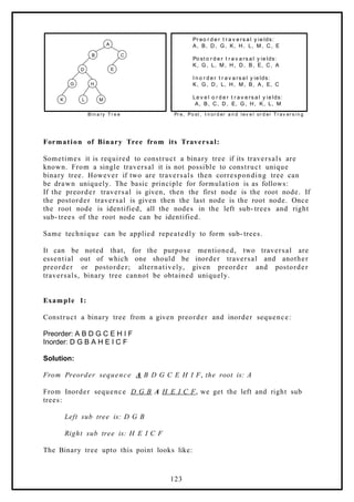 A
B
K L
E
G
C
Pr eo r d e r t r a v e rs a l y ie lds:
A, B, D, G , K, H, L, M , C, E
Po st o r d e r t r a v a rs a l y ie lds:
K, G , L, M , H, D, B, E, C, A
I n o r d e r t r a v a rs a l y ie lds:
K, G , D, L, H, M , B, A, E, C
Le v e l o r d e r t r a v e rs a l y ie lds:
A, B, C, D, E, G , H, K, L, M
Bi n a ry T r e e Pr e, Po st , I n or d er a n d l ev e l or d er T r av er s i n g
D
H
M
Formation of Binary Tree from its Traversal:
Sometimes it is required to construct a binary tree if its traversals are
known. From a single traversal it is not possible to construct unique
binary tree. However if two are traversals then corresponding tree can
be drawn uniquely. The basic principle for formulation is as follows:
If the preorder traversal is given, then the first node is the root node. If
the postorder traversal is given then the last node is the root node. Once
the root node is identified, all the nodes in the left sub- trees and right
sub- trees of the root node can be identified.
Same technique can be applied repeatedly to form sub- trees.
It can be noted that, for the purpose mentioned, two traversal are
essential out of which one should be inorder traversal and another
preorder or postorder; alternatively, given preorder and postorder
traversals, binary tree cannot be obtained uniquely.
Example 1:
Construct a binary tree from a given preorder and inorder sequence:
Preorder: A B D G C E H I F
Inorder: D G B A H E I C F
Solution:
From Preorder sequence A B D G C E H I F, the root is: A
From Inorder sequence D G B A H E I C F, we get the left and right sub
trees:
Left sub tree is: D G B
Right sub tree is: H E I C F
The Binary tree upto this point looks like:
123
 