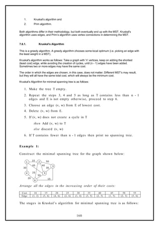 1. Kruskal’s algorithm and
2. Prim algorithm.
Both algorithms differ in their methodology, but both eventually end up with the MST. Kruskal's
algorithm uses edges, and Prim’s algorithm uses vertex connections in determining the MST.
7.6.1. Kruskal’s Algorithm
This is a greedy algorithm. A greedy algorithm chooses some local optimum (i.e. picking an edge with
the least weight in a MST).
Kruskal's algorithm works as follows: Take a graph with 'n' vertices, keep on adding the shortest
(least cost) edge, while avoiding the creation of cycles, until (n - 1) edges have been added.
Sometimes two or more edges may have the same cost.
The order in which the edges are chosen, in this case, does not matter. Different MST’s may result,
but they will all have the same total cost, which will always be the minimum cost.
Kruskal’s Algorithm for minimal spanning tree is as follows:
1. Make the tree T empty.
2. Repeat the steps 3, 4 and 5 as long as T contains less than n - 1
edges and E is not empty otherwise, proceed to step 6.
3. Choose an edge (v, w) from E of lowest cost.
4. Delete (v, w) from E.
5. If (v, w) does not create a cycle in T
then Add (v, w) to T
else discard (v, w)
6. If T contains fewer than n - 1 edges then print no spanning tree.
Example 1:
Construct the minimal spanning tree for the graph shown below:
3
5
2
1
6
4
15
50
10
30
20
35
45 40
25
55
Arrange all the edges in the increasing order of their costs:
Cost 10 15 20 25 30 35 40 45 50 55
Edge (1, 2) (3, 6) (4, 6) (2, 6) (1, 4) (3, 5) (2, 5) (1, 5) (2, 3) (5, 6)
The stages in Kruskal’s algorithm for minimal spanning tree is as follows:
160
 