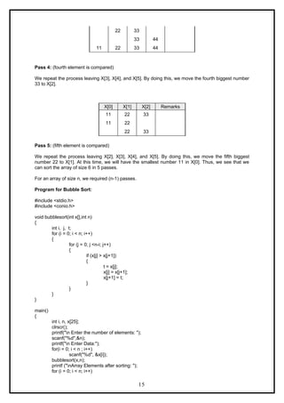 22 33
33 44
11 22 33 44
Pass 4: (fourth element is compared)
We repeat the process leaving X[3], X[4], and X[5]. By doing this, we move the fourth biggest number
33 to X[2].
X[0] X[1] X[2] Remarks
11 22 33
11 22
22 33
Pass 5: (fifth element is compared)
We repeat the process leaving X[2], X[3], X[4], and X[5]. By doing this, we move the fifth biggest
number 22 to X[1]. At this time, we will have the smallest number 11 in X[0]. Thus, we see that we
can sort the array of size 6 in 5 passes.
For an array of size n, we required (n-1) passes.
Program for Bubble Sort:
#include <stdio.h>
#include <conio.h>
void bubblesort(int x[],int n)
{
int i, j, t;
for (i = 0; i < n; i++)
{
for (j = 0; j <n-i; j++)
{
if (x[j] > x[j+1])
{
t = x[j];
x[j] = x[j+1];
x[j+1] = t;
}
}
}
}
main()
{
int i, n, x[25];
clrscr();
printf("n Enter the number of elements: ");
scanf("%d",&n);
printf("n Enter Data:");
for(i = 0; i < n ; i++)
scanf("%d", &x[i]);
bubblesort(x,n);
printf ("nArray Elements after sorting: ");
for (i = 0; i < n; i++)
15
 