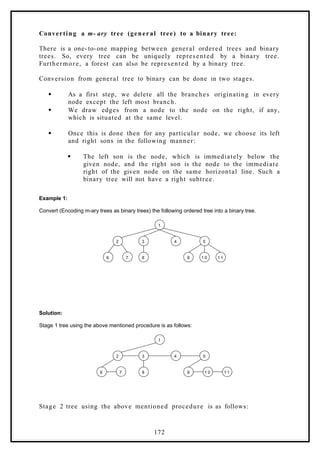 Converting a m- ary tree (general tree) to a binary tree:
There is a one- to-one mapping between general ordered trees and binary
trees. So, every tree can be uniquely represented by a binary tree.
Furthermore, a forest can also be represented by a binary tree.
Conversion from general tree to binary can be done in two stages.
 As a first step, we delete all the branches originating in every
node except the left most branch.
 We draw edges from a node to the node on the right, if any,
which is situated at the same level.
 Once this is done then for any particular node, we choose its left
and right sons in the following manner:
 The left son is the node, which is immediately below the
given node, and the right son is the node to the immediate
right of the given node on the same horizontal line. Such a
binary tree will not have a right subtree.
Example 1:
Convert (Encoding m-ary trees as binary trees) the following ordered tree into a binary tree.
6 7 8 9 1 0 1 1
2 3 4 5
1
Solution:
Stage 1 tree using the above mentioned procedure is as follows:
6 7 8 9 1 0 1 1
2 3 4 5
1
Stage 2 tree using the above mentioned procedure is as follows:
172
 