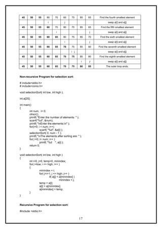 45 50 55 80 70 60 75 85 65 Find the fourth smallest element
i j swap a[i] and a[j]
45 50 55 60 70 80 75 85 65 Find the fifth smallest element
i j swap a[i] and a[j]
45 50 55 60 65 80 75 85 70 Find the sixth smallest element
i j swap a[i] and a[j]
45 50 55 60 65 70 75 85 80 Find the seventh smallest element
i j swap a[i] and a[j]
45 50 55 60 65 70 75 85 80 Find the eighth smallest element
i J swap a[i] and a[j]
45 50 55 60 65 70 75 80 85 The outer loop ends.
Non-recursive Program for selection sort:
# include<stdio.h>
# include<conio.h>
void selectionSort( int low, int high );
int a[25];
int main()
{
int num, i= 0;
clrscr();
printf( "Enter the number of elements: " );
scanf("%d", &num);
printf( "nEnter the elements:n" );
for(i=0; i < num; i++)
scanf( "%d", &a[i] );
selectionSort( 0, num - 1 );
printf( "nThe elements after sorting are: " );
for( i=0; i< num; i++ )
printf( "%d ", a[i] );
return 0;
}
void selectionSort( int low, int high )
{
int i=0, j=0, temp=0, minindex;
for( i=low; i <= high; i++ )
{
minindex = i;
for( j=i+1; j <= high; j++ )
if( a[j] < a[minindex] )
minindex = j;
temp = a[i];
a[i] = a[minindex];
a[minindex] = temp;
}
}
Recursive Program for selection sort:
#include <stdio.h>
17
 