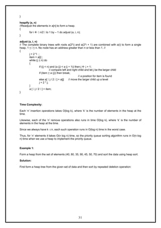 }
heapify (a, n)
//Readjust the elements in a[n] to form a heap.
{
for i ß  n/2  to 1 by – 1 do adjust (a, i, n);
}
adjust (a, i, n)
// The complete binary trees with roots a(2*i) and a(2*i + 1) are combined with a(i) to form a single
heap, 1 < i < n. No node has an address greater than n or less than 1. //
{
j = 2 *i ;
item = a[i] ;
while (j < n) do
{
if ((j < n) and (a (j) < a (j + 1)) then j ß j + 1;
// compare left and right child and let j be the larger child
if (item > a (j)) then break;
// a position for item is found
else a[  j / 2  ] = a[j] // move the larger child up a level
j = 2 * j;
}
a [  j / 2  ] = item;
}
Time Complexity:
Each ‘n’ insertion operations takes O(log k), where ‘k’ is the number of elements in the heap at the
time.
Likewise, each of the ‘n’ remove operations also runs in time O(log k), where ‘k’ is the number of
elements in the heap at the time.
Since we always have k ≤n, each such operation runs in O(log n) time in the worst case.
Thus, for ‘n’ elements it takes O(n log n) time, so the priority queue sorting algorithm runs in O(n log
n) time when we use a heap to implement the priority queue.
Example 1:
Form a heap from the set of elements (40, 80, 35, 90, 45, 50, 70) and sort the data using heap sort.
Solution:
First form a heap tree from the given set of data and then sort by repeated deletion operation:
31
 