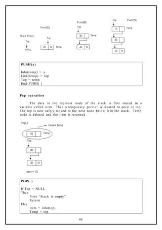 PUSH(x)
Info(temp) = x
Link(temp) = top
Top = temp
End PUSH( )
Pop operation
The data in the topmost node of the stack is first stored in a
variable called item. Then a temporary pointer is created to point to top.
The top is now safely moved to the next node below it in the stack. Temp
node is deleted and the item is returned.
POP( )
If Top = NULL
Then
Print “Stack is empty”
Return
Else
Item = info(top)
Temp = top
44
 