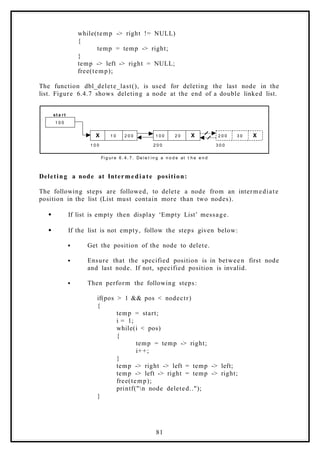 while(temp -> right != NULL)
{
temp = temp -> right;
}
temp -> left -> right = NULL;
free(temp);
The function dbl_delete_last(), is used for deleting the last node in the
list. Figure 6.4.7 shows deleting a node at the end of a double linked list.
1 0 0
X 1 0 2 0 0 2 0 0 3 0 X
1 0 0 2 0 0 3 0 0
st a rt
Fi g ur e 6. 4. 7. De l e t i n g a n o d e at t h e e n d
1 0 0 2 0 X
Deleting a node at Intermediate position:
The following steps are followed, to delete a node from an intermediate
position in the list (List must contain more than two nodes).
 If list is empty then display ‘Empty List’ message.
 If the list is not empty, follow the steps given below:
 Get the position of the node to delete.
 Ensure that the specified position is in between first node
and last node. If not, specified position is invalid.
 Then perform the following steps:
if(pos > 1 && pos < nodectr)
{
temp = start;
i = 1;
while(i < pos)
{
temp = temp -> right;
i++;
}
temp -> right -> left = temp -> left;
temp -> left -> right = temp -> right;
free(temp);
printf("n node deleted..");
}
81
 