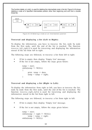 The function delete_at_mid(), is used for deleting the intermediate node in the list. Figure 6.4.8 shows
deleting a node at a specified intermediate position other than beginning and end from a double
linked list.
1 0 0
X 1 0 3 0 0 1 0 0 3 0 X
1 0 0 2 0 0 3 0 0
st a rt
Fi g ur e 6. 4. 8 De l e t i n g a n o d e at a n i nt er m e d i a t e p o s it i o n
1 0 0 2 0 3 0 0
Traversal and displaying a list (Left to Right):
To display the information, you have to traverse the list, node by node
from the first node, until the end of the list is reached. The function
traverse_left_right () is used for traversing and displaying the information
stored in the list from left to right.
The following steps are followed, to traverse a list from left to right:
 If list is empty then display ‘Empty List’ message.
 If the list is not empty, follow the steps given below:
temp = start;
while(temp != NULL)
{
print temp -> data;
temp = temp -> right;
}
Traversal and displaying a list (Right to Left):
To display the information from right to left, you have to traverse the list,
node by node from the first node, until the end of the list is reached. The
function traverse_right_left () is used for traversing and displaying the
information stored in the list from right to left.
The following steps are followed, to traverse a list from right to left:
 If list is empty then display ‘Empty List’ message.
 If the list is not empty, follow the steps given below:
temp = start;
while(temp -> right != NULL)
temp = temp -> right;
while(temp != NULL)
82
 
