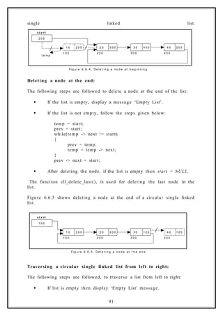 single linked list.
2 0 0
1 0 2 0 0 2 0 3 0 0 3 0 4 0 0 4 0 2 0 0
1 0 0 2 0 0 3 0 0 4 0 0
st a rt
Fi g ur e 6. 6. 4. De l e t i n g a n o d e at b e g i n n i n g.
t e m p
Deleting a node at the end:
The following steps are followed to delete a node at the end of the list:
 If the list is empty, display a message ‘Empty List’.
 If the list is not empty, follow the steps given below:
temp = start;
prev = start;
while(temp -> next != start)
{
prev = temp;
temp = temp -> next;
}
prev -> next = start;
 After deleting the node, if the list is empty then start = NULL.
The function cll_delete_last(), is used for deleting the last node in the
list.
Figure 6.6.5 shows deleting a node at the end of a circular single linked
list.
1 0 0
1 0 2 0 0 2 0 3 0 0 3 0 1 0 0 4 0 1 0 0
1 0 0 2 0 0 3 0 0 4 0 0
st a rt
Fi g ur e 6. 6. 5. De l e t i n g a n o d e at t h e e n d.
Traversin g a circular single linked list from left to right:
The following steps are followed, to traverse a list from left to right:
 If list is empty then display ‘Empty List’ message.
91
 