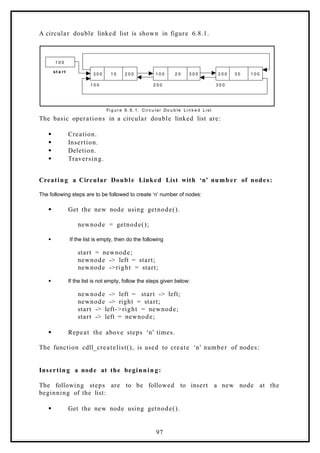 A circular double linked list is shown in figure 6.8.1.
1 0 0
3 0 0 1 0 2 0 0 2 0 0 3 0 1 0 0
1 0 0 2 0 0 3 0 0
st a rt
Fi g ur e 6. 8. 1. Circ u l ar Do u b l e Li n k e d Li st
1 0 0 2 0 3 0 0
The basic operations in a circular double linked list are:
 Creation.
 Insertion.
 Deletion.
 Traversing.
Creating a Circular Double Linked List with ‘n’ number of nodes:
The following steps are to be followed to create ‘n’ number of nodes:
 Get the new node using getnode().
newnode = getnode();
 If the list is empty, then do the following
start = newnode;
newnode -> left = start;
newnode ->right = start;
 If the list is not empty, follow the steps given below:
newnode -> left = start -> left;
newnode -> right = start;
start -> left->right = newnode;
start -> left = newnode;
 Repeat the above steps ‘n’ times.
The function cdll_createlist(), is used to create ‘n’ number of nodes:
Inserting a node at the beginnin g:
The following steps are to be followed to insert a new node at the
beginning of the list:
 Get the new node using getnode().
97
 