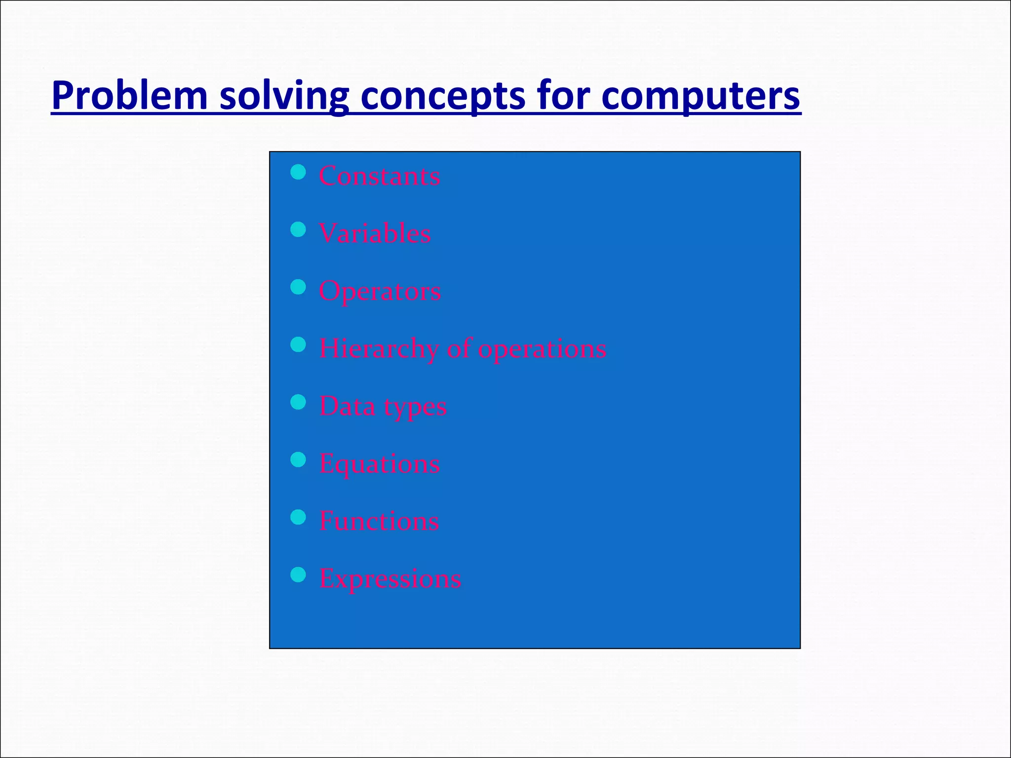 Problem solving concepts for computers Constants Variables Operators Hierarchy of operations Data types Equations Functions Expressions 