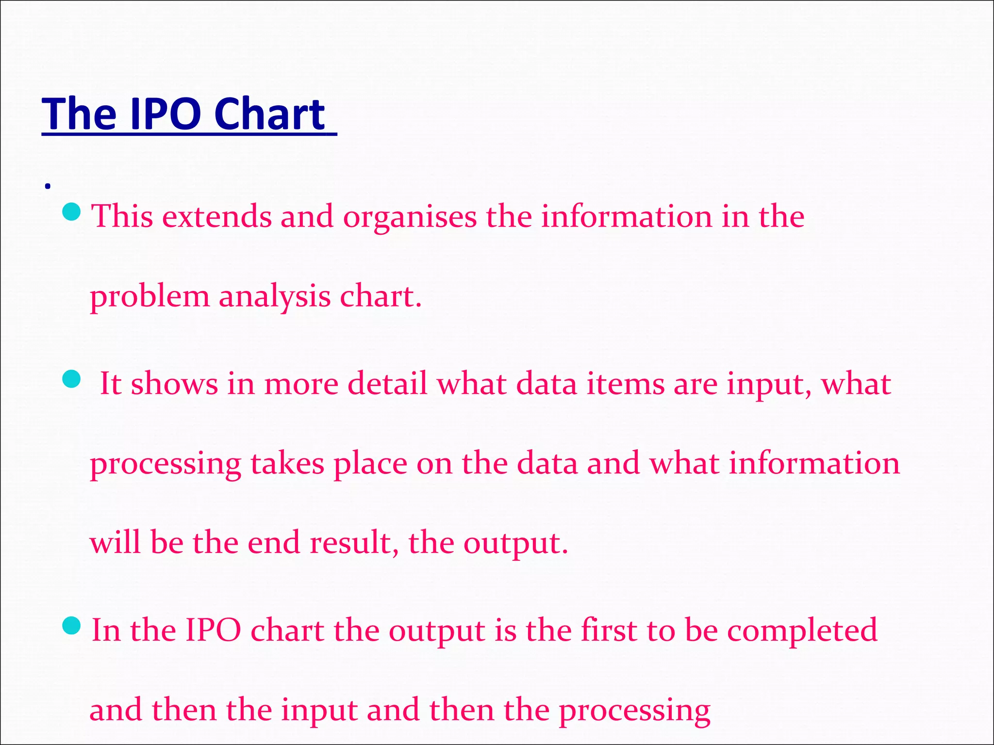 The IPO Chart . This extends and organises the information in the problem analysis chart.  It shows in more detail what data items are input, what processing takes place on the data and what information will be the end result, the output. In the IPO chart the output is the first to be completed and then the input and then the processing 