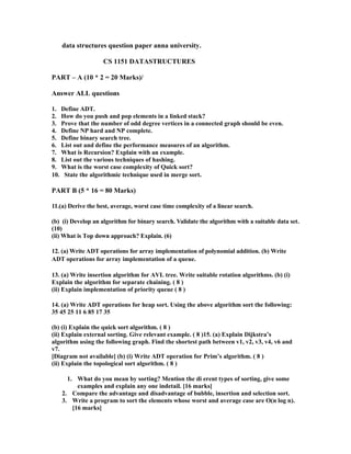 Data structures question paper anna university | PDF