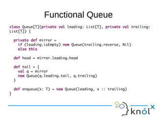 Functional Queue
class Queue[T](private val leading: List[T], private val trailing:
List[T]) {

    private def mirror =
      if (leading.isEmpty) new Queue(trailing.reverse, Nil)
      else this

    def head = mirror.leading.head

    def tail = {
      val q = mirror
      new Queue(q.leading.tail, q.trailing)
    }

    def enqueue(x: T) = new Queue(leading, x :: trailing)
}
 