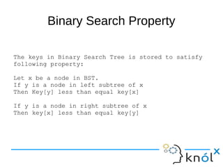 Binary Search Property

The keys in Binary Search Tree is stored to satisfy
following property:

Let x be a node in BST.
If y is a node in left subtree of x
Then Key[y] less than equal key[x]

If y is a node in right subtree of x
Then key[x] less than equal key[y]
 