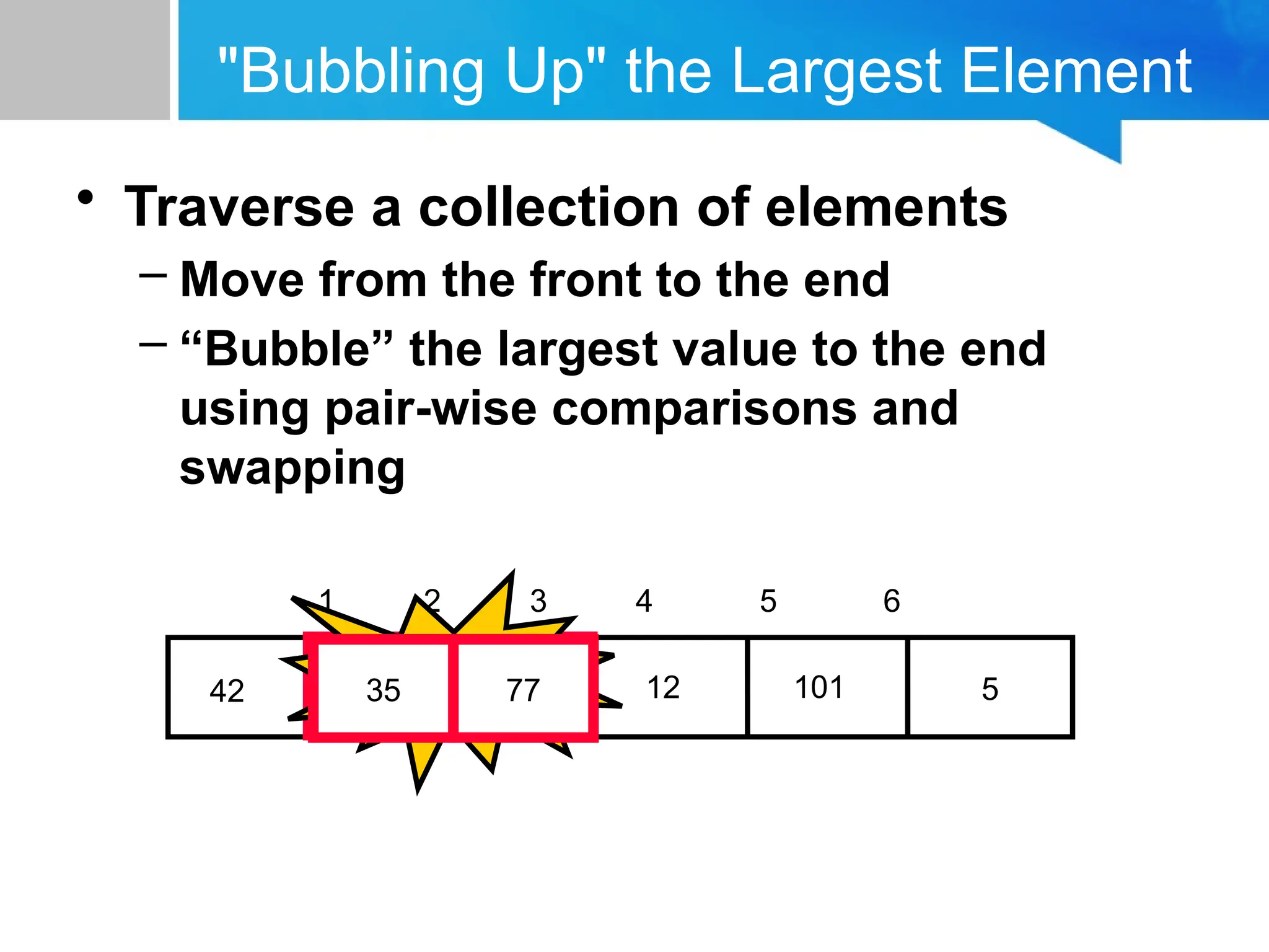"Bubbling Up" the Largest Element
• Traverse a collection of elements
– Move from the front to the end
– “Bubble” the largest value to the end
using pair-wise comparisons and
swapping
5
12
35
77
42 101
1 2 3 4 5 6
Swap
35 77
 