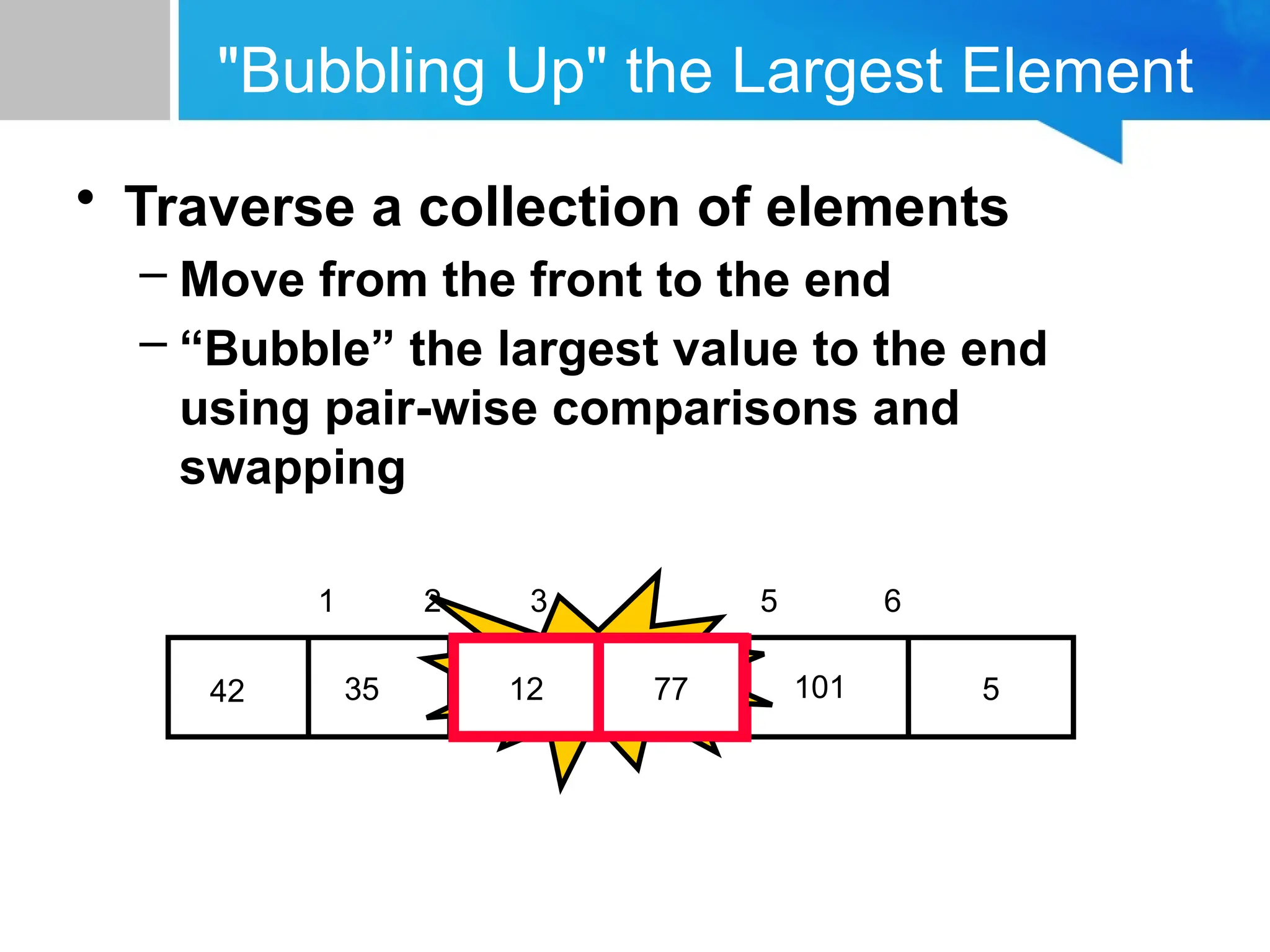"Bubbling Up" the Largest Element
• Traverse a collection of elements
– Move from the front to the end
– “Bubble” the largest value to the end
using pair-wise comparisons and
swapping
5
12
77
35
42 101
1 2 3 4 5 6
Swap
12 77
 