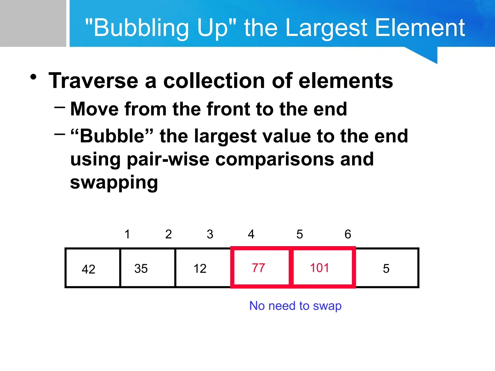 "Bubbling Up" the Largest Element
• Traverse a collection of elements
– Move from the front to the end
– “Bubble” the largest value to the end
using pair-wise comparisons and
swapping
5
77
12
35
42 101
1 2 3 4 5 6
No need to swap
 