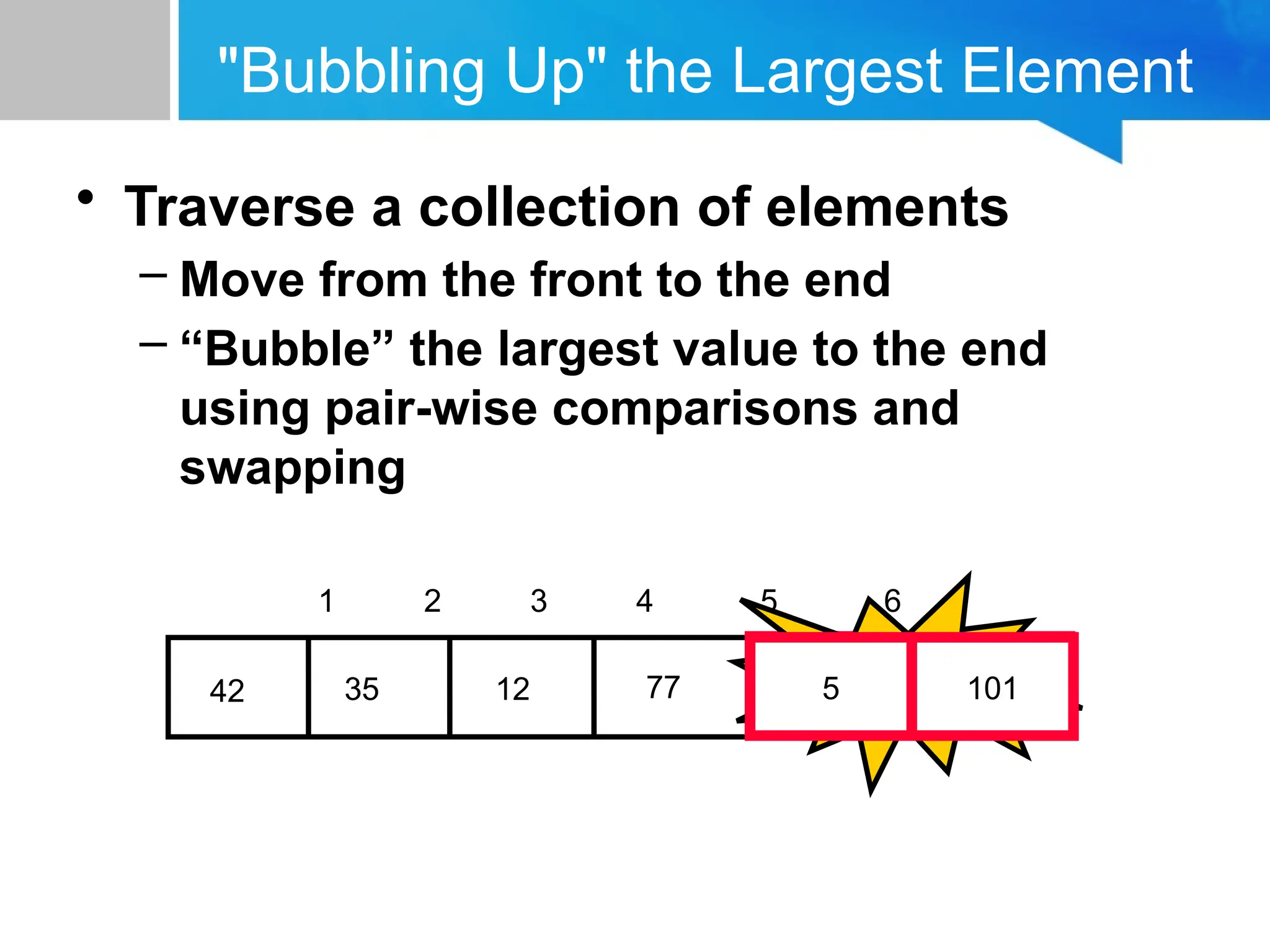 "Bubbling Up" the Largest Element
• Traverse a collection of elements
– Move from the front to the end
– “Bubble” the largest value to the end
using pair-wise comparisons and
swapping
5
77
12
35
42 101
1 2 3 4 5 6
Swap
5 101
 