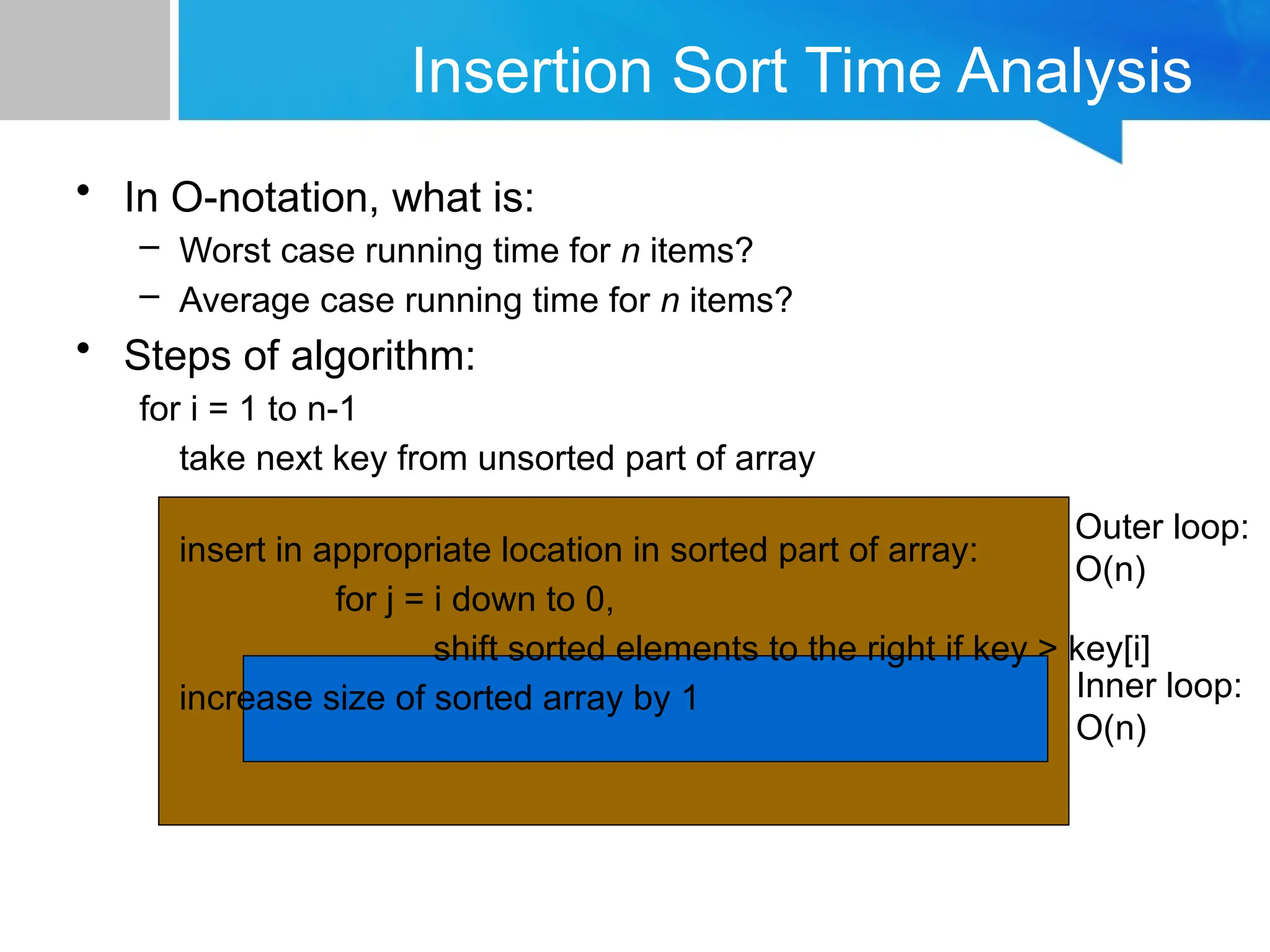 Insertion Sort Time Analysis
• In O-notation, what is:
– Worst case running time for n items?
– Average case running time for n items?
• Steps of algorithm:
for i = 1 to n-1
take next key from unsorted part of array
insert in appropriate location in sorted part of array:
for j = i down to 0,
shift sorted elements to the right if key > key[i]
increase size of sorted array by 1
Outer loop:
O(n)
Inner loop:
O(n)
 