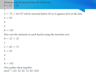 Elements can be inserted into the bucket as:
0 -> 22 -> 32
1
2 -> 72 -> 62 (72 will be inserted before 62 as it appears first in the list).
3 -> 82
4
5
6 -> 142
Now sort the elements in each bucket using the insertion sort.
0 -> 22 -> 32
1
2 -> 62 -> 72
3 -> 82
4
5
6 -> 142
Now gather them together.
arr[] = {22, 32, 62, 72, 82, 142}
 