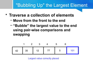 "Bubbling Up" the Largest Element
• Traverse a collection of elements
– Move from the front to the end
– “Bubble” the largest value to the end
using pair-wise comparisons and
swapping
77
12
35
42 5
1 2 3 4 5 6
101
Largest value correctly placed
 