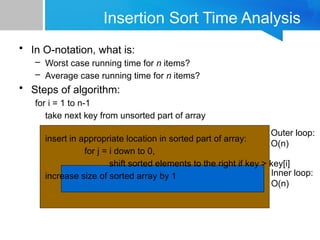 Insertion Sort Time Analysis
• In O-notation, what is:
– Worst case running time for n items?
– Average case running time for n items?
• Steps of algorithm:
for i = 1 to n-1
take next key from unsorted part of array
insert in appropriate location in sorted part of array:
for j = i down to 0,
shift sorted elements to the right if key > key[i]
increase size of sorted array by 1
Outer loop:
O(n)
Inner loop:
O(n)
 