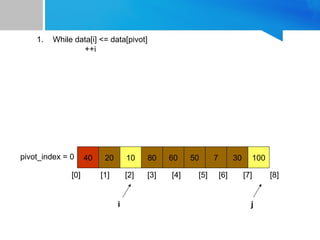 40 20 10 80 60 50 7 30 100
pivot_index = 0
[0] [1] [2] [3] [4] [5] [6] [7] [8]
1. While data[i] <= data[pivot]
++i
i j
 