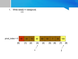 40 20 10 80 60 50 7 30 100
pivot_index = 0
[0] [1] [2] [3] [4] [5] [6] [7] [8]
1. While data[i] <= data[pivot]
++i
j
i
 