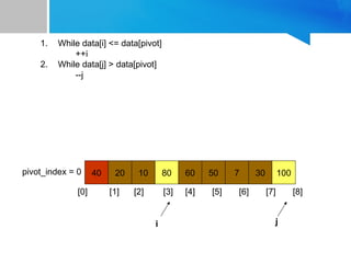 40 20 10 80 60 50 7 30 100
pivot_index = 0
[0] [1] [2] [3] [4] [5] [6] [7] [8]
j
1. While data[i] <= data[pivot]
++i
2. While data[j] > data[pivot]
--j
i
 