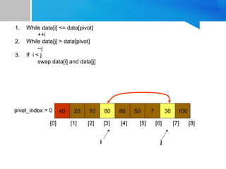 40 20 10 80 60 50 7 30 100
pivot_index = 0
[0] [1] [2] [3] [4] [5] [6] [7] [8]
i j
1. While data[i] <= data[pivot]
++i
2. While data[j] > data[pivot]
--j
3. If i < j
swap data[i] and data[j]
 