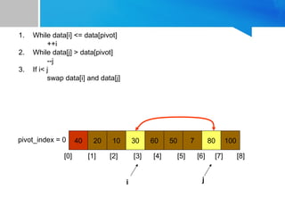 40 20 10 30 60 50 7 80 100
pivot_index = 0
[0] [1] [2] [3] [4] [5] [6] [7] [8]
i j
1. While data[i] <= data[pivot]
++i
2. While data[j] > data[pivot]
--j
3. If i< j
swap data[i] and data[j]
 