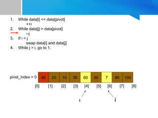40 20 10 30 60 50 7 80 100
pivot_index = 0
[0] [1] [2] [3] [4] [5] [6] [7] [8]
i j
1. While data[i] <= data[pivot]
++i
2. While data[j] > data[pivot]
--j
3. If i < j
swap data[i] and data[j]
4. While j > i, go to 1.
 