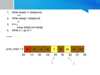 1. While data[i] <= data[pivot]
++i
2. While data[j] > data[pivot]
--j
3. If i< j
swap data[i] and data[j]
4. While j> i, go to 1.
40 20 10 30 7 50 60 80 100
pivot_index = 0
[0] [1] [2] [3] [4] [5] [6] [7] [8]
i j
 