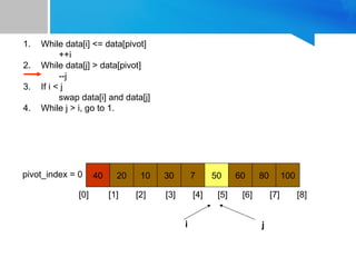 1. While data[i] <= data[pivot]
++i
2. While data[j] > data[pivot]
--j
3. If i < j
swap data[i] and data[j]
4. While j > i, go to 1.
40 20 10 30 7 50 60 80 100
pivot_index = 0
[0] [1] [2] [3] [4] [5] [6] [7] [8]
i j
 
