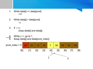 1. While data[i] <= data[pivot]
++I
2. While data[j] > data[pivot]
--j
3. If i < j
swap data[i] and data[j]
4. While j > i, go to 1.
5. Swap data[j] and data[pivot_index]
40 20 10 30 7 50 60 80 100
pivot_index = 0
[0] [1] [2] [3] [4] [5] [6] [7] [8]
i j
 