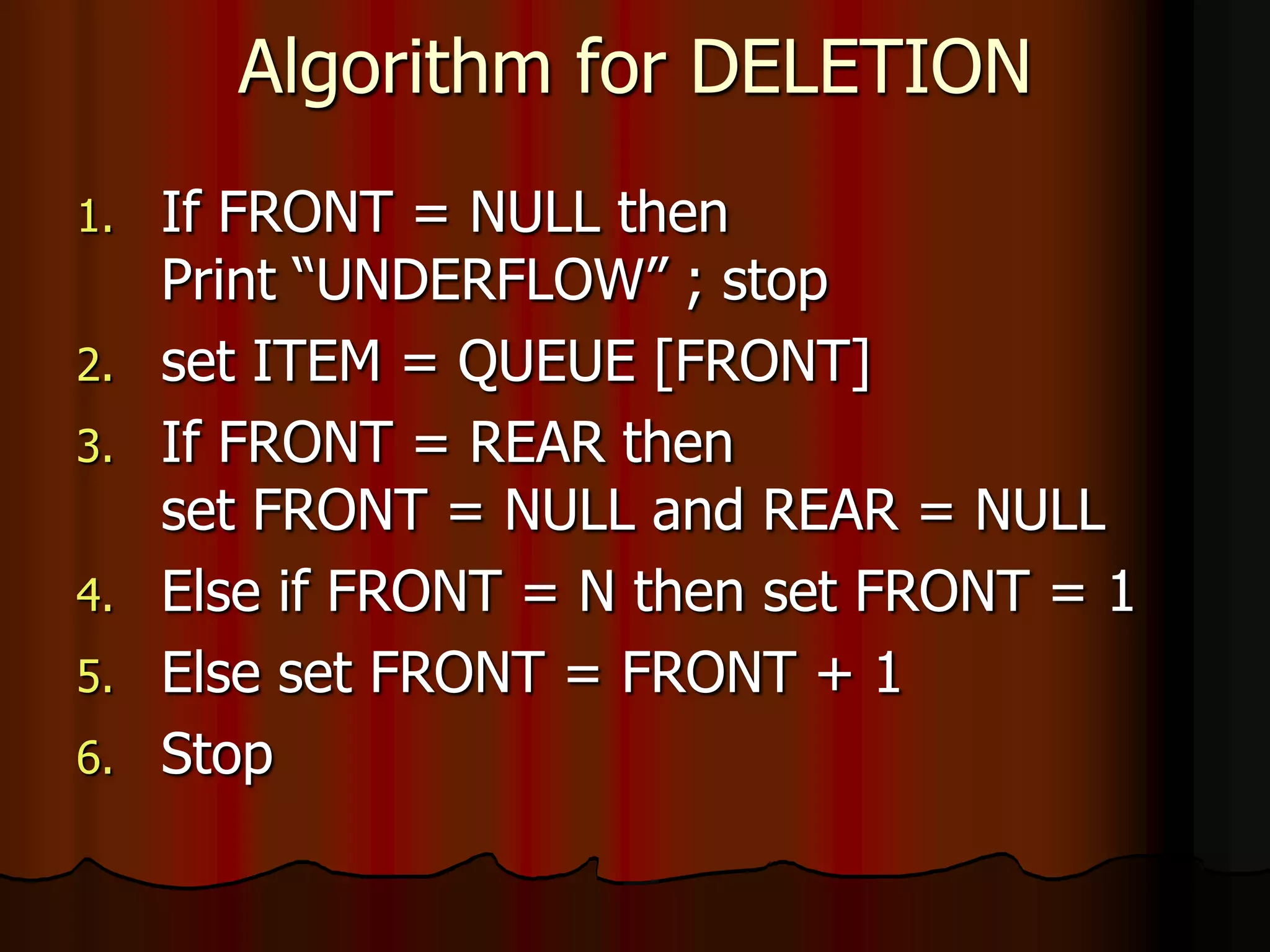 Algorithm for DELETION
1. If FRONT = NULL then
Print “UNDERFLOW” ; stop
2. set ITEM = QUEUE [FRONT]
3. If FRONT = REAR then
set FRONT = NULL and REAR = NULL
4. Else if FRONT = N then set FRONT = 1
5. Else set FRONT = FRONT + 1
6. Stop
 
