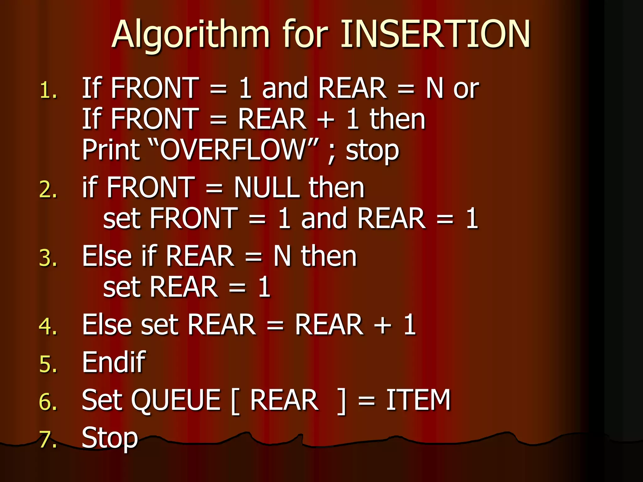 Algorithm for INSERTION
1. If FRONT = 1 and REAR = N or
If FRONT = REAR + 1 then
Print “OVERFLOW” ; stop
2. if FRONT = NULL then
set FRONT = 1 and REAR = 1
3. Else if REAR = N then
set REAR = 1
4. Else set REAR = REAR + 1
5. Endif
6. Set QUEUE [ REAR ] = ITEM
7. Stop
 