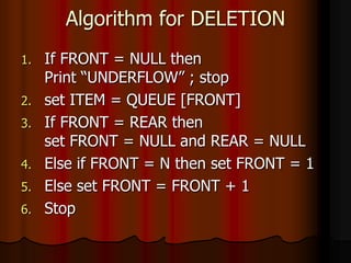 Algorithm for DELETION
1. If FRONT = NULL then
Print “UNDERFLOW” ; stop
2. set ITEM = QUEUE [FRONT]
3. If FRONT = REAR then
set FRONT = NULL and REAR = NULL
4. Else if FRONT = N then set FRONT = 1
5. Else set FRONT = FRONT + 1
6. Stop
 