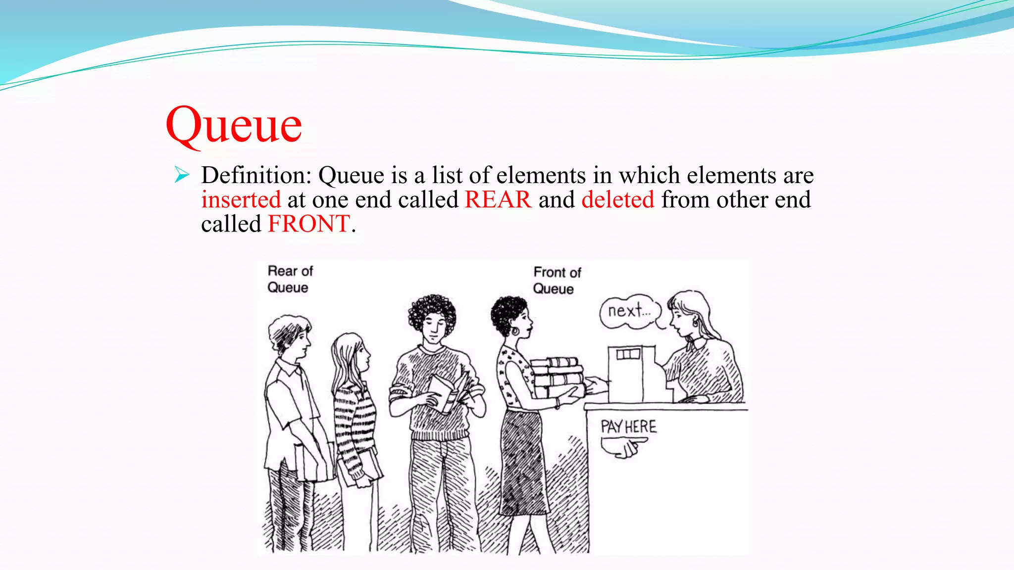 Queue
 Definition: Queue is a list of elements in which elements are
inserted at one end called REAR and deleted from other end
called FRONT.
 