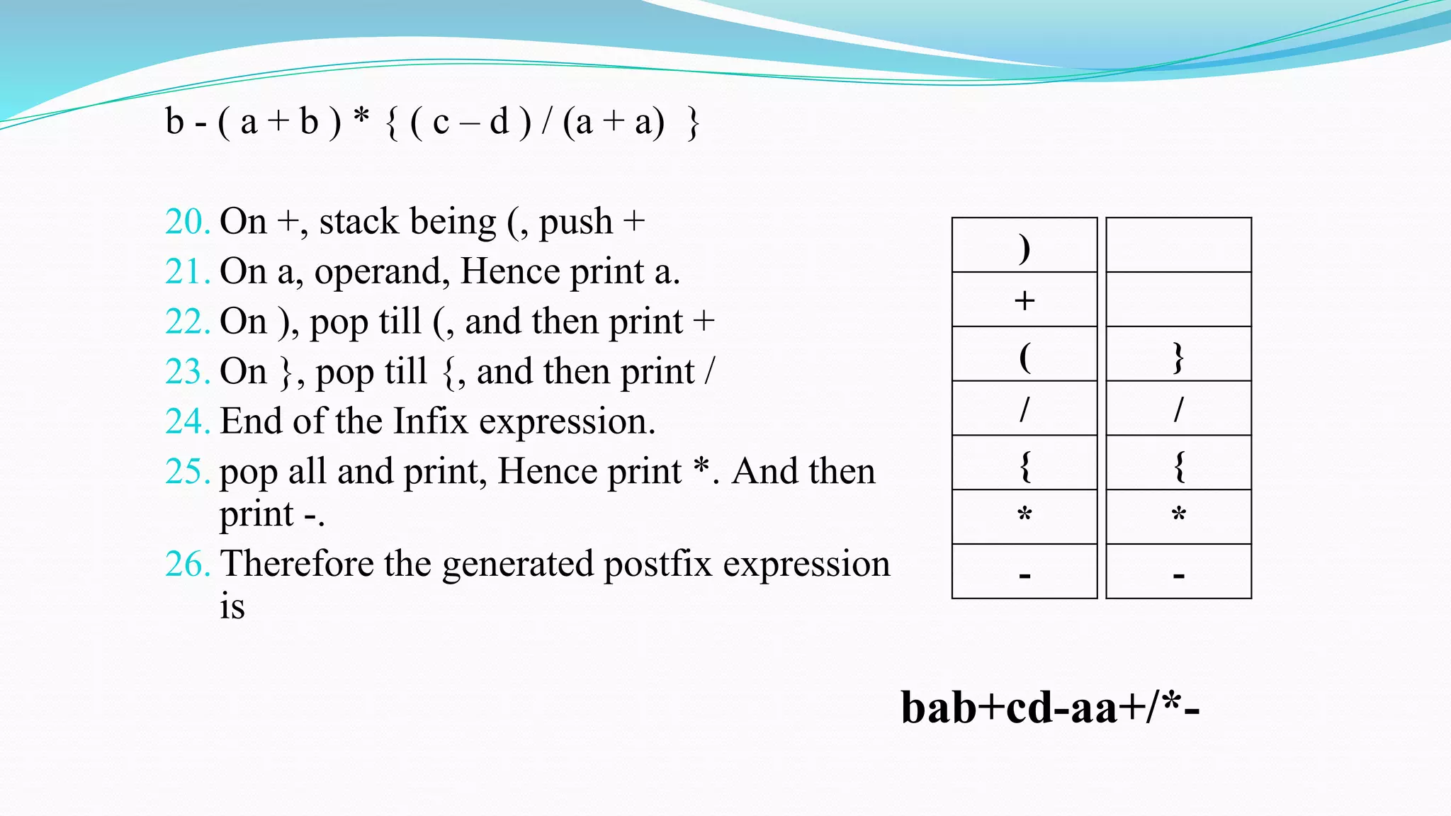 b - ( a + b ) * { ( c – d ) / (a + a) }
20. On +, stack being (, push +
21. On a, operand, Hence print a.
22. On ), pop till (, and then print +
23. On }, pop till {, and then print /
24. End of the Infix expression.
25. pop all and print, Hence print *. And then
print -.
26. Therefore the generated postfix expression
is
)
+
(
/
{
*
-
bab+cd-aa+/*-
}
/
{
*
-
 