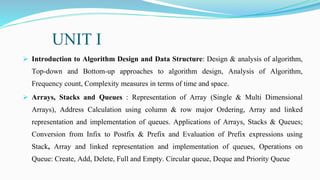 UNIT I
 Introduction to Algorithm Design and Data Structure: Design & analysis of algorithm,
Top-down and Bottom-up approaches to algorithm design, Analysis of Algorithm,
Frequency count, Complexity measures in terms of time and space.
 Arrays, Stacks and Queues : Representation of Array (Single & Multi Dimensional
Arrays), Address Calculation using column & row major Ordering, Array and linked
representation and implementation of queues. Applications of Arrays, Stacks & Queues;
Conversion from Infix to Postfix & Prefix and Evaluation of Prefix expressions using
Stack, Array and linked representation and implementation of queues, Operations on
Queue: Create, Add, Delete, Full and Empty. Circular queue, Deque and Priority Queue
 