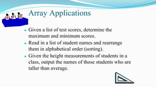 Array Applications
⚫ Given a list of test scores, determine the
maximum and minimum scores.
⚫ Read in a list of student names and rearrange
them in alphabetical order (sorting).
⚫ Given the height measurements of students in a
class, output the names of those students who are
taller than average.
 