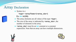 Array Declaration
⚫ Syntax in c:
<type> <arrayName>[<array_size>]
Ex. int Ar[10];
⚫ The array elements are all values of the type <type>.
⚫ The size of the array is indicated by <array_size>, the
number of elements in the array.
⚫ <array_size> must be an int constant or a constant
expression. Note that an array can have multiple dimensions.
 