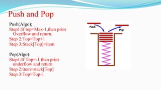 Push and Pop
Push(Algo);
Step1:If top=Max-1,then print
Overflow and return.
Step 2:Top=Top+1
Step 3;Stack[Top]=item
Pop(Algo):
Step1:If Top=-1 then print
underflow and return
Step 2:item=stack[Top]
Step 3:Top=Top-1
 