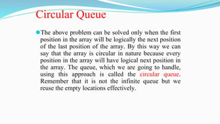 Circular Queue
⚫The above problem can be solved only when the first
position in the array will be logically the next position
of the last position of the array. By this way we can
say that the array is circular in nature because every
position in the array will have logical next position in
the array. The queue, which we are going to handle,
using this approach is called the circular queue.
Remember that it is not the infinite queue but we
reuse the empty locations effectively.
 