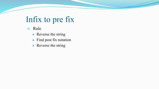 Infix to pre fix
 Rule
 Reverse the string
 Find post fix notation
 Reverse the string
 
