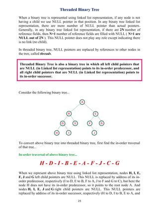 Threaded Binary Tree
When a binary tree is represented using linked list representation, if any node is not
having a child we use NULL pointer in that position. In any binary tree linked list
representation, there are more number of NULL pointer than actual pointers.
Generally, in any binary tree linked list representation, if there are 2N number of
reference fields, then N+1 number of reference fields are filled with NULL ( N+1 are
NULL out of 2N ). This NULL pointer does not play any role except indicating there
is no link (no child).
In threaded binary tree, NULL pointers are replaced by references to other nodes in
the tree, called threads.
Threaded Binary Tree is also a binary tree in which all left child pointers that
are NULL (in Linked list representation) points to its in-order predecessor, and
all right child pointers that are NULL (in Linked list representation) points to
its in-order successor.
Consider the following binary tree...
To convert above binary tree into threaded binary tree, first find the in-order traversal
of that tree...
In-order traversal of above binary tree...
H - D - I - B - E - A - F - J - C - G
When we represent above binary tree using linked list representation, nodes H, I, E,
F, J and G left child pointers are NULL. This NULL is replaced by address of its in-
order predecessor, respectively (I to D, E to B, F to A, J to F and G to C), but here the
node H does not have its in-order predecessor, so it points to the root node A. And
nodes H, I, E, J and G right child pointers are NULL. This NULL pointers are
replaced by address of its in-order successor, respectively (H to D, I to B, E to A, and
23
 