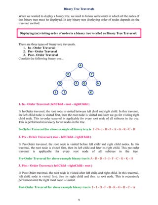 Binary Tree Traversals
When we wanted to display a binary tree, we need to follow some order in which all the nodes of
that binary tree must be displayed. In any binary tree displaying order of nodes depends on the
traversal method.
Displaying (or) visiting order of nodes in a binary tree is called as Binary Tree Traversal.
There are three types of binary tree traversals.
1. In - Order Traversal
2. Pre - Order Traversal
3. Post - Order Traversal
Consider the following binary tree...
1. In - Order Traversal ( leftChild - root - rightChild )
In In-Order traversal, the root node is visited between left child and right child. In this traversal,
the left child node is visited first, then the root node is visited and later we go for visiting right
child node. This in-order traversal is applicable for every root node of all subtrees in the tree.
This is performed recursively for all nodes in the tree.
In-Order Traversal for above example of binary tree is I - D - J - B - F - A - G - K - C - H
2. Pre - Order Traversal ( root - leftChild - rightChild )
In Pre-Order traversal, the root node is visited before left child and right child nodes. In this
traversal, the root node is visited first, then its left child and later its right child. This pre-order
traversal is applicable for every root node of all subtrees in the tree.
Pre-Order Traversal for above example binary tree is A - B - D - I - J - F - C - G - K - H
3. Post - Order Traversal ( leftChild - rightChild - root )
In Post-Order traversal, the root node is visited after left child and right child. In this traversal,
left child node is visited first, then its right child and then its root node. This is recursively
performed until the right most node is visited.
Post-Order Traversal for above example binary tree is I - J - D - F - B - K - G - H - C – A
9
 