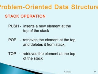 Problem-Oriented Data Structure
STACK OPERATION
PUSH - inserts a new element at the
top of the stack
POP - retrieves the element at the top
and deletes it from stack.
TOP - retrieves the element at the top
of the stack
24K. Adisesha
 