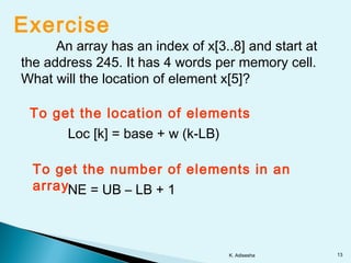Exercise
An array has an index of x[3..8] and start at
the address 245. It has 4 words per memory cell.
What will the location of element x[5]?
To get the location of elements
To get the number of elements in an
array
Loc [k] = base + w (k-LB)
NE = UB – LB + 1
13K. Adisesha
 